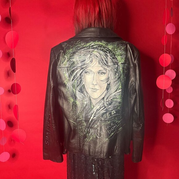 ⭐ Vintage Upcycled Celine Dion Leather Jacket – One-of-a-Kind Diva Art Coat - Picture 3 of 12